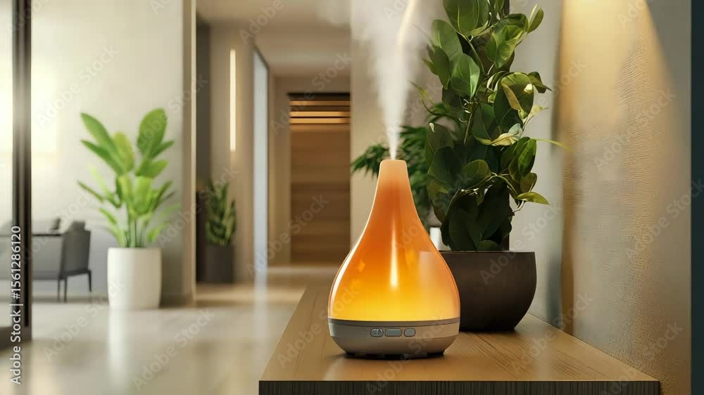 Aroma diffuser spreading orange blossom aroma on a console in modern hallway with accent lighting and indoor plants