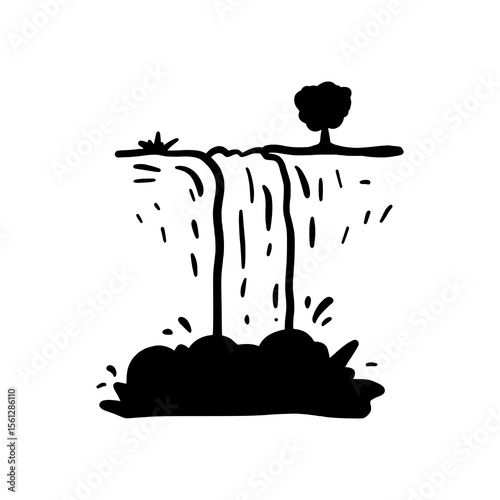 Hand-Drawn Waterfall Doodle Vector – Black and White Nature Landscape Sketch Illustration