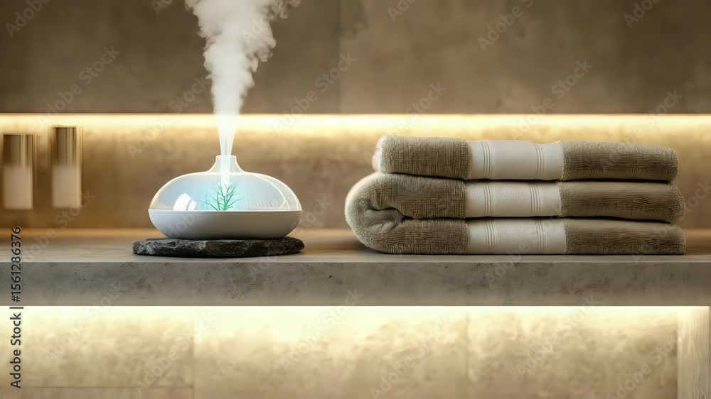 Aroma diffuser with tea tree vapor on a stone shelf in spa-like ensuite bathroom with soft towels and indirect light