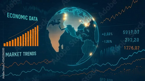 This image showcases global economic data visualization with market trends represented through graphs and charts, emphasizing financial growth and analytics.