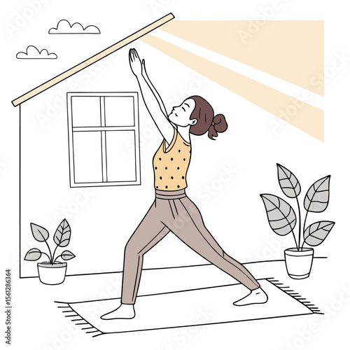 Illustration of a woman in warrior pose on a yoga mat inside a house with plants and sunlight coming in