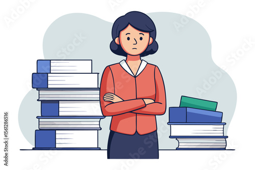 Frustrated woman standing with arms crossed amidst piles of books representing overwhelming knowledge or workload