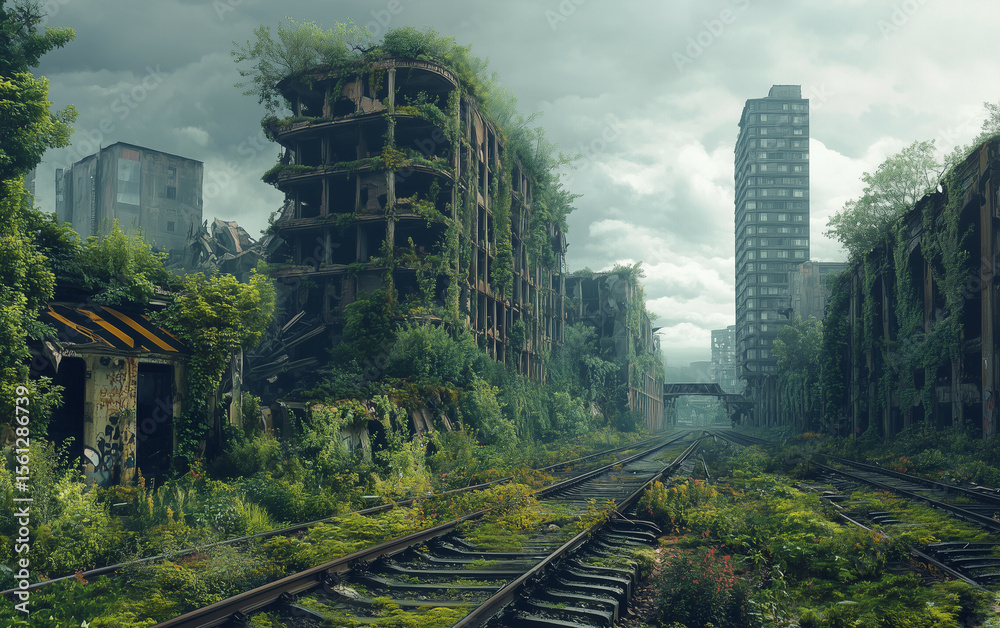 Naklejka premium Overgrown city ruins with vegetation and train tracks in a post apocalypse