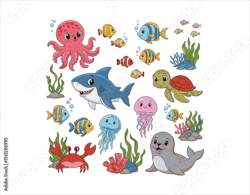 Cute cartoon sea creatures including fish, octopus, shark, and turtle in a vector set.

