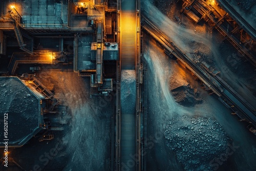 Aerial view of mining site with illuminated machinery and minera