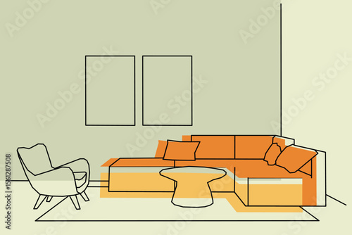 Interior design with modern living room on green background , vector , illustration