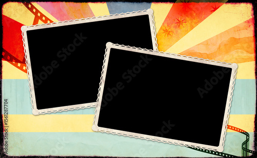 Two retro photo frame on grunge horizontal background with old paper textures and retro filmstrip. Creative backdrop with striped burst pattern in various hues and photo. Nostalgic scrapbooking style