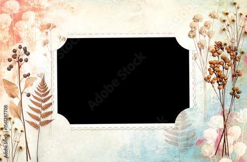 Vintage album page with retro photo frame. Retro background with old blank photo, dry pressed leaves and flowers on paper texture. Nostalgic scrapbooking style. Mock up template. Copy space for text