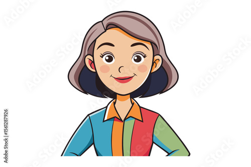 Friendly cartoon woman with short gray hair and a colorful block pattern shirt smiling happily