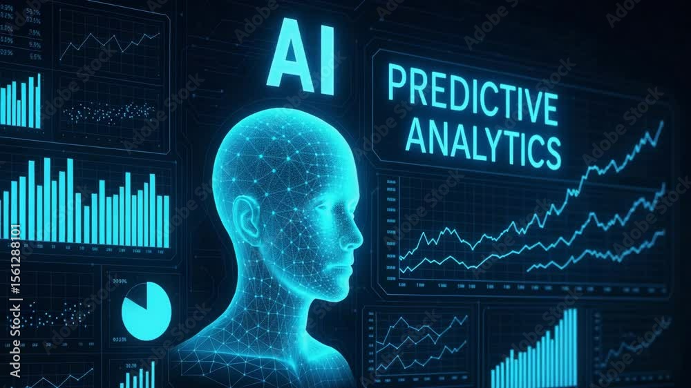 Futuristic digital interface displaying AI predictive analytics. Visual data representation including graphs and charts showcases the power of artificial intelligence in analysis.