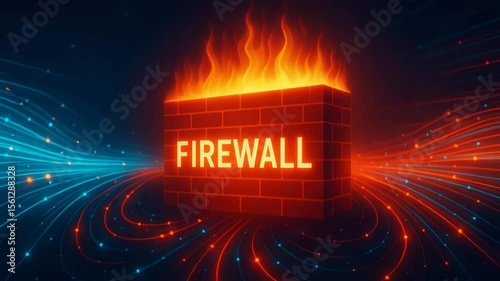 A digital illustration of a firewall surrounded by flames, representing cybersecurity and network protection. The vibrant colors symbolize the battle against cyber threats.