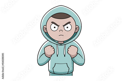 Enraged cartoon character: An illustrated cartoon figure embodies anger and intensity, portrayed with clenched fists and a determined facial expression.