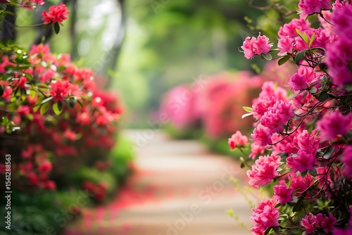 A pathway lined with vibrant pink azalea bushes in full bloom creating a serene and colorful scene