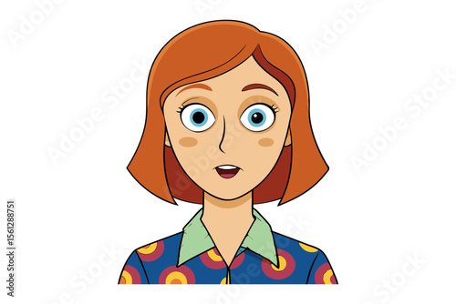 Surprised cartoon woman with red hair and bold patterned shirt wide blue eyes and open mouth expressing astonishment