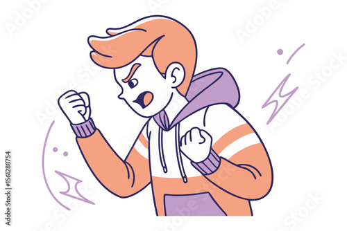 Determined Focus: An energetic youth, full of determination, clutches his fist and prepares to conquer, embodying resilience and the pursuit of success.