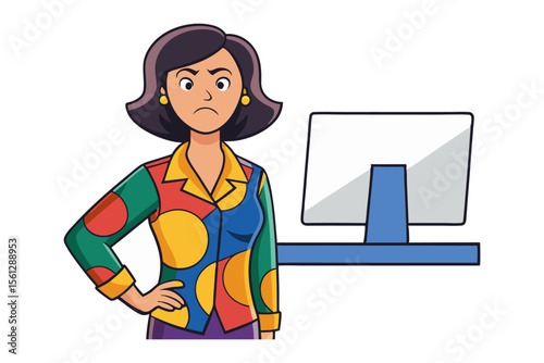 Frustrated woman with colorful outfit standing next to a computer screen expressing displeasure