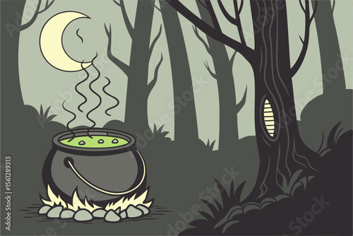 Cauldron Boiling with Green Potion in a Dark Forest vector illustration