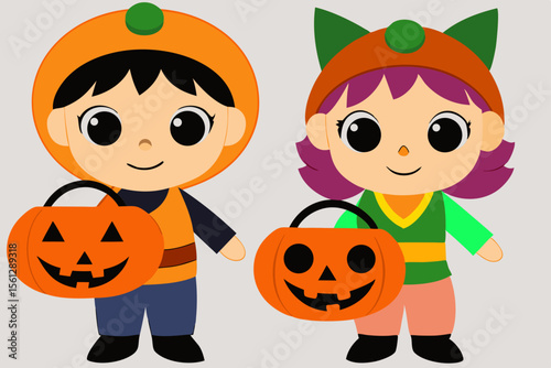 Children Holding Jack o' Lantern Buckets vector illustration