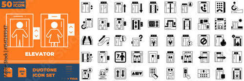 Elevator Duotone Editable Icons set. Vector illustration in modern thin duotone style of elevator icons: lift, staircase, escalator, etc