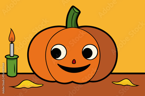 Old-Fashioned Pumpkin and Candle Setting vector illustration