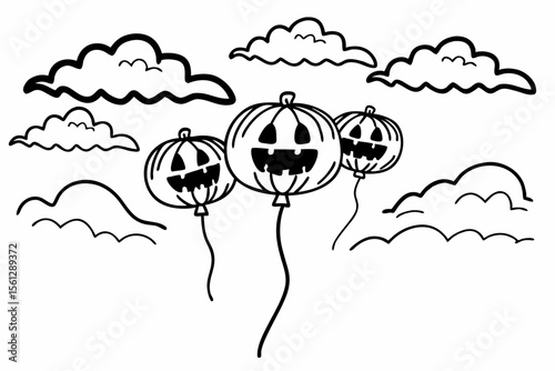 Cloudy Sky with Floating Pumpkin Balloons vector illustration