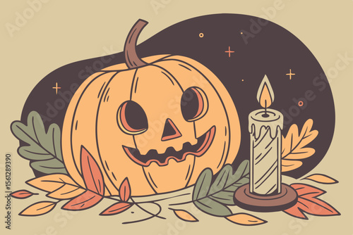 Vintage Pumpkin and Candle Display vector illustration