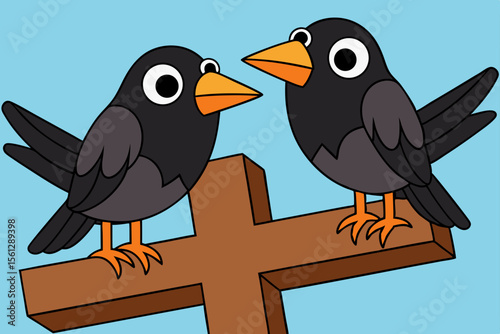 Silhouetted Crows on Weathered Cemetery Crosses vector illustration