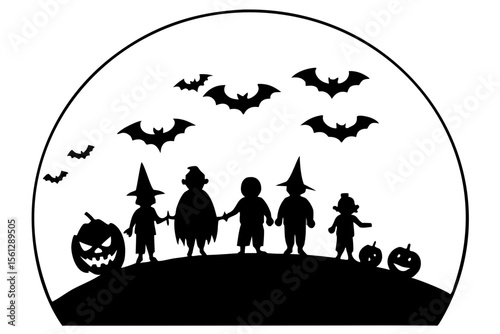 Full Moon with Silhouettes of Trick or Treaters vector illustration