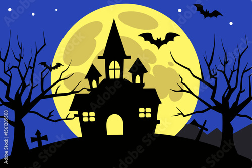 Haunted House Silhouette under a Bright Full Moon vector illustration