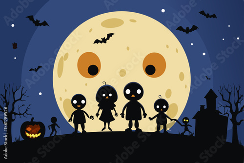 Trick or Treater Silhouettes against a Full Moon vector illustration