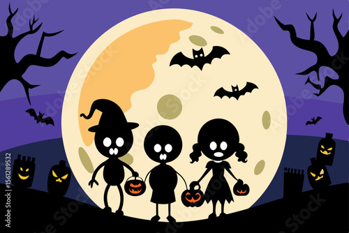 Silhouetted Trick or Treaters under the Moon vector illustration