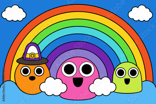 Cheerful Halloween Characters with a Colorful Rainbow vector illustration