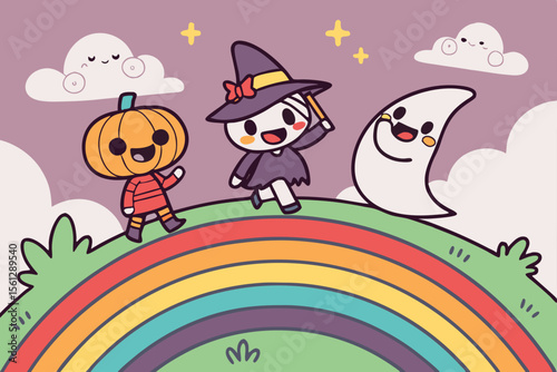 Fun Halloween Characters on a Rainbow vector illustration