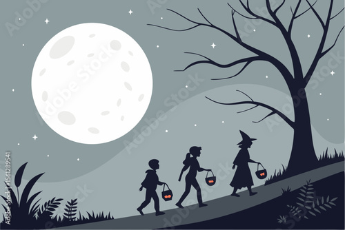 Trick or Treating Children Silhouetted by a Full Moon vector illustration