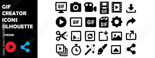 GIF Creator Icons Silhouette Vector Set – Animated Image Tools, Meme Maker and Loop Frame Symbols