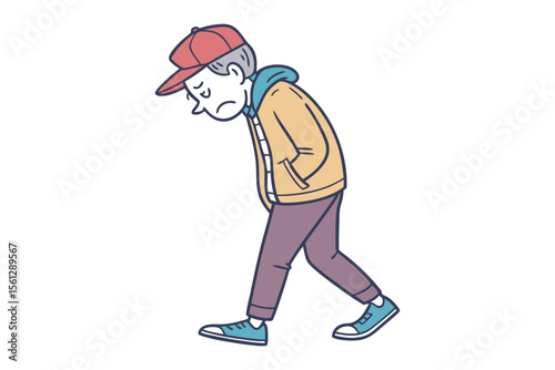 Lone Walker's Melancholy: A poignant illustration of a person's downward gaze reflecting somber feelings, walking with a slow and deliberate gait, against a backdrop of introspective solitude.