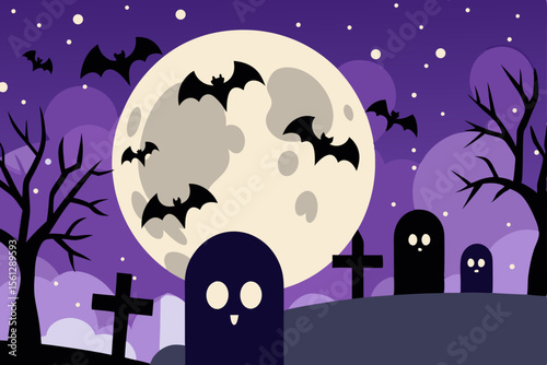 Nighttime Cemetery Scene with a Full Moon and Bats vector illustration