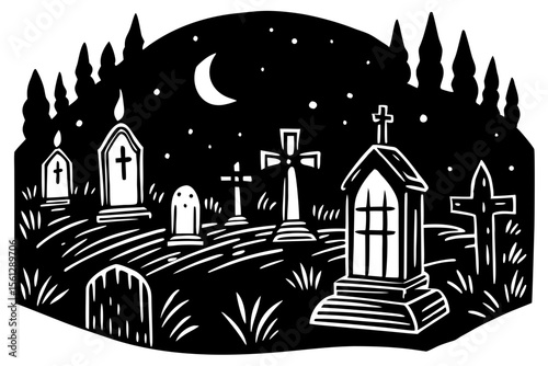 Nighttime Graveyard with Floating Candles vector illustration