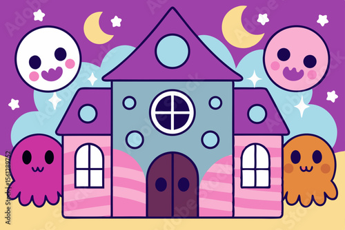 Cheerful Ghosts outside a Pastel Colored Haunted House vector illustration