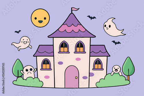 Pastel Haunted House with Happy Ghosts vector illustration