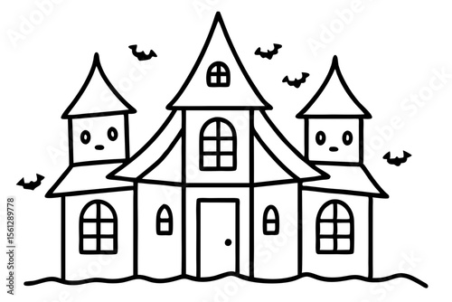 Happy Ghosts floating around a Whimsical Haunted House vector illustration