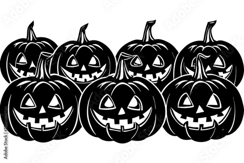 Row of Glowing Carved Pumpkin Faces vector illustration