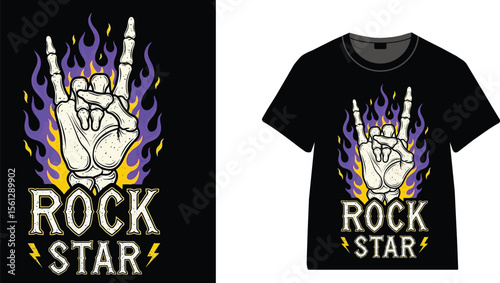 A black t shirt with a skeleton hand rock star design and flames on it