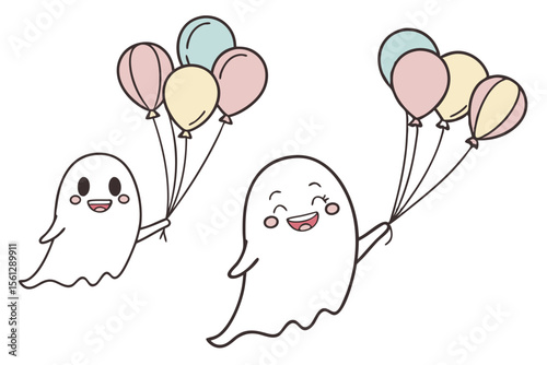 Group of Smiling Ghosts with Helium Balloons vector illustration