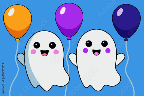 Friendly Ghosts Carried by Colorful Balloons vector illustration