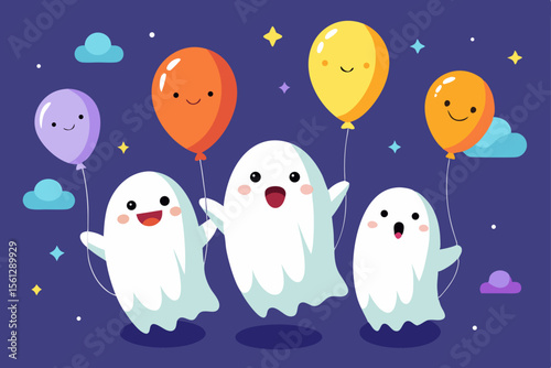 Whimsical Ghosts Floating Up with Balloons vector illustration