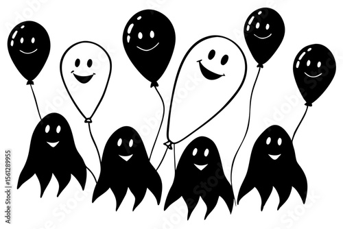 Joyful Ghosts Floating alongside Party Balloons vector illustration