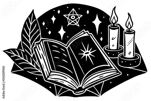 Spell Book and Candle Background with Arcane Runes vector illustration