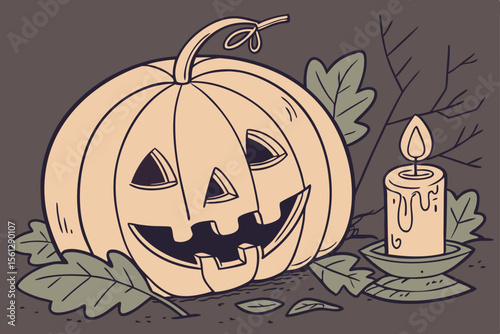 Traditional pumpkin and candle scene vector illustration