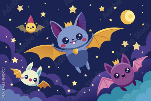 Cute bats and stars flying in the night sky vector illustration